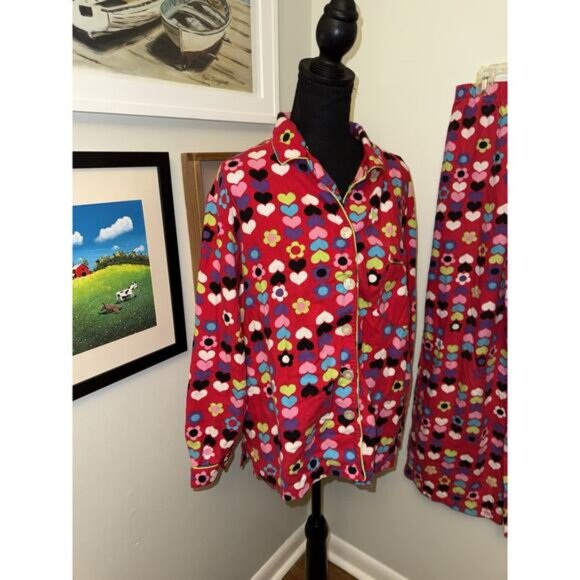 Vintage Victorias Secret Fleece Pajama Set Women Medium Red Heart Cotton Y2K 90s - Picture 2 of 6